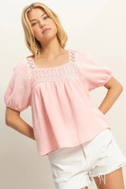 HYFVE Crochet Detail Puff Sleeve Peasant Top BABY PINK