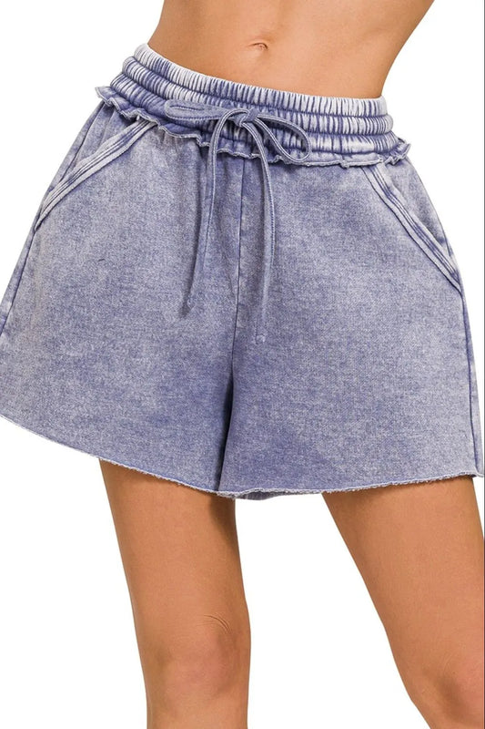 Zenana Acid Wash Fleece Drawstring Shorts With Pockets MARLIN