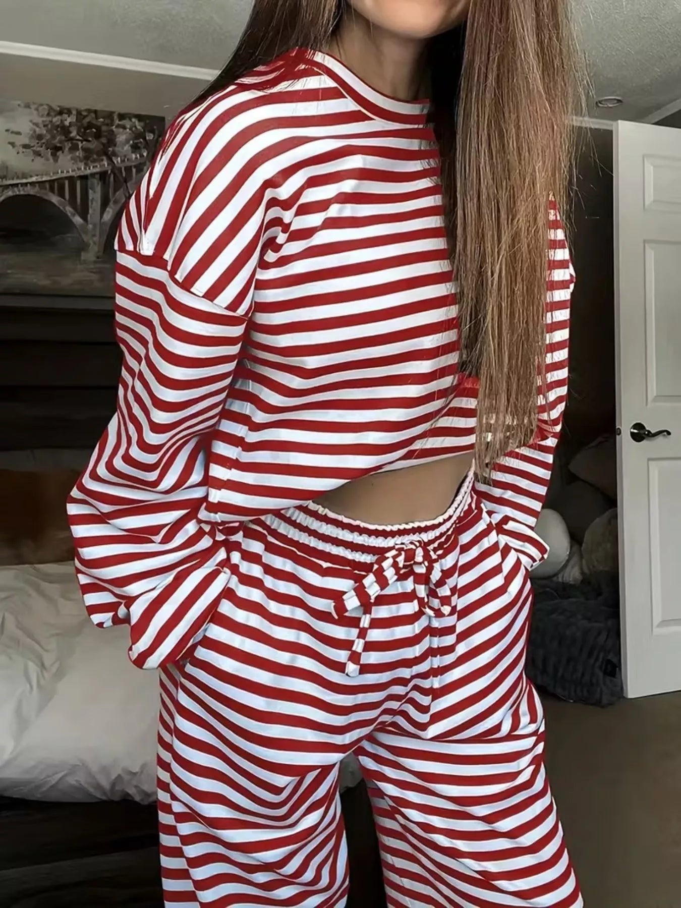 Striped Round Neck Top and Pants Set