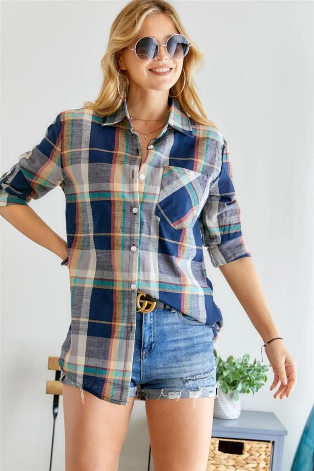 ADORA Button Down Plaid Shirt NAVY MULTI