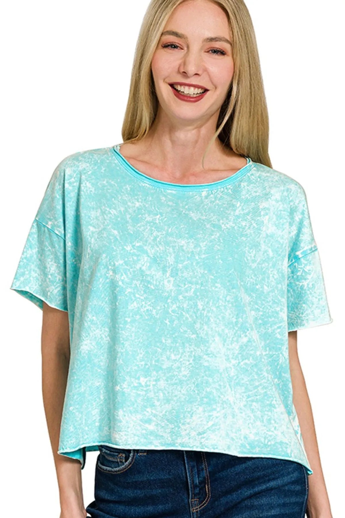 Zenana Washed Crew Neck Short Sleeve Crop Box Tee MINT SKY