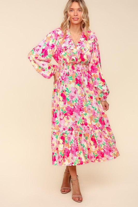Haptics Full Size Floral Surplice Balloon Sleeve Dress with Side Pockets Multicolor