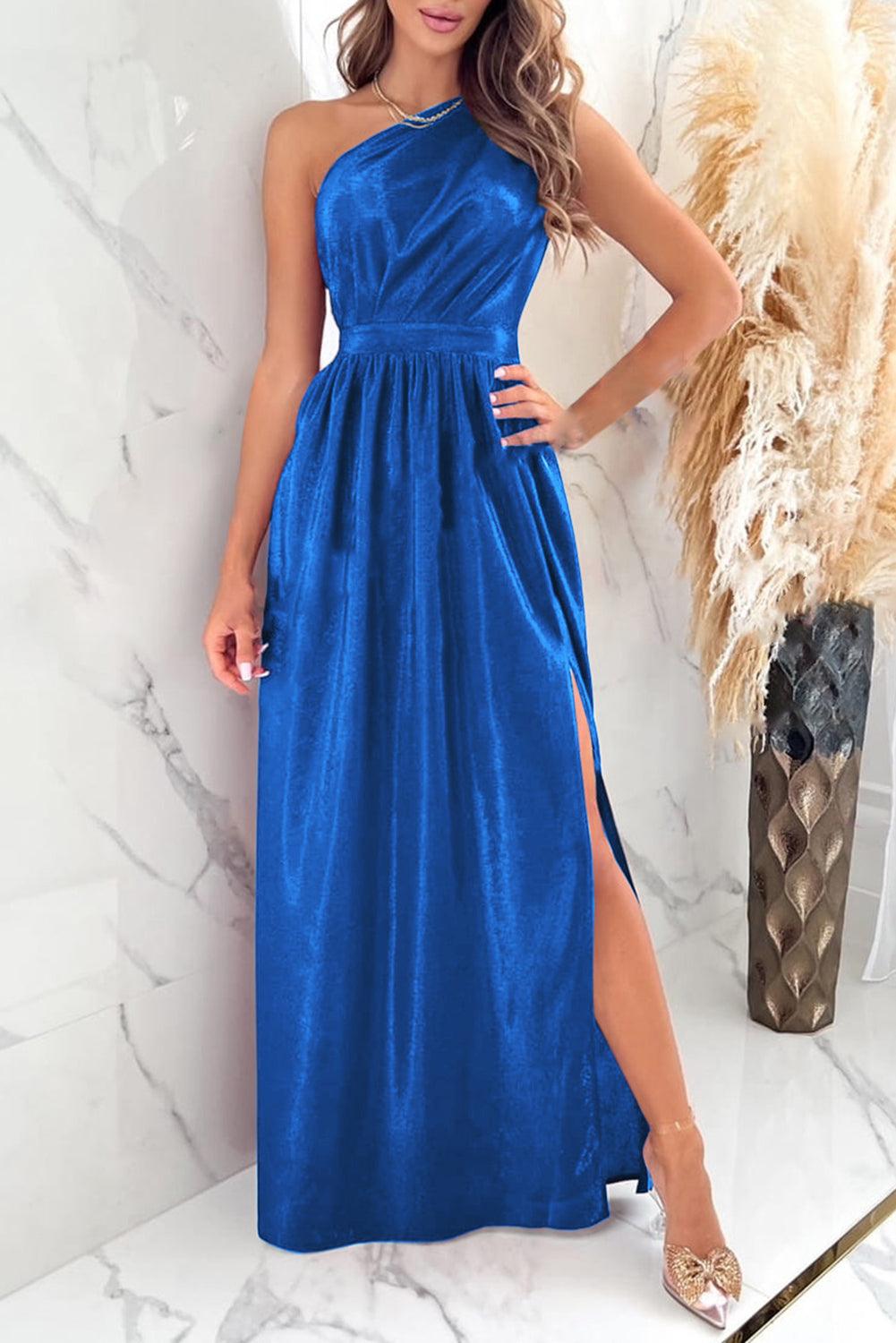 One Shoulder Slit Ruched Maxi Dress Royal Blue