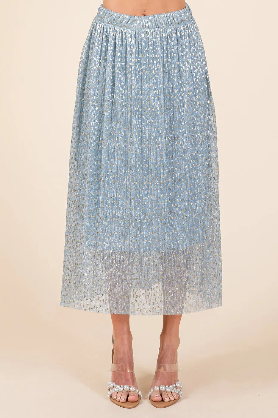 Mittoshop Metallic Glitter Speckle Print Elastic Midi Skirt BLUE