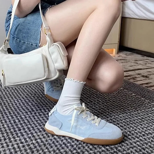 Lace Up Contrast Round Toe Flats Sneakers Light Blue