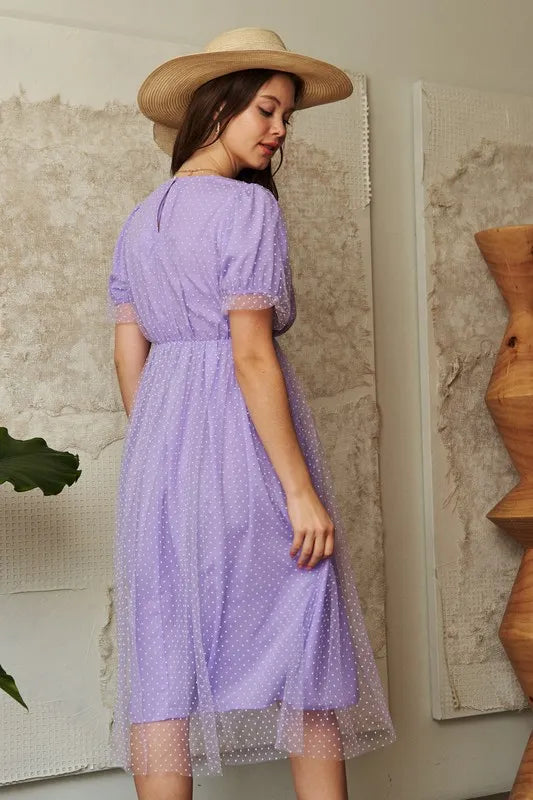 Davi & Dani Mesh Puff Short Sleeve Midi Dress