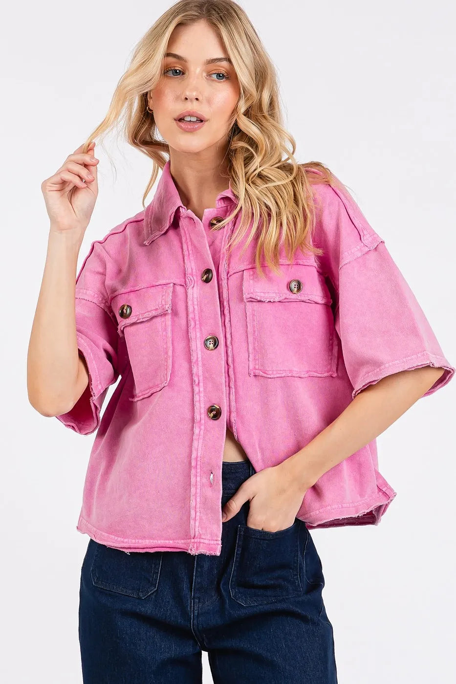 Mittoshop Mineral Wash Boxy Short Sleeve Button Down Shirt