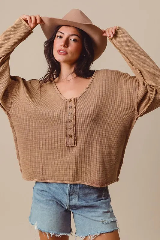 SO ME Frayed Cut Mineral Washed Deep V Neck Waffle Top