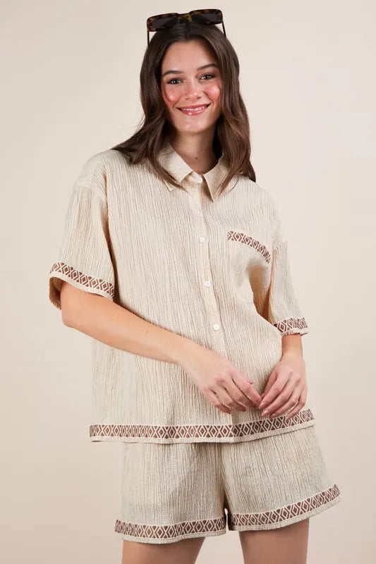 VERY J Crinkled Woven Shirt Top & Shorts Set