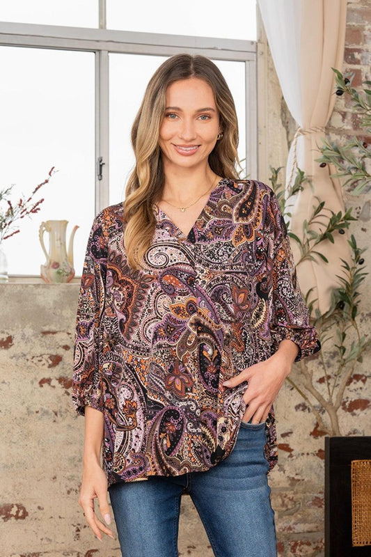 Sew In Love Paisley Print V-Neck Top Black Purple