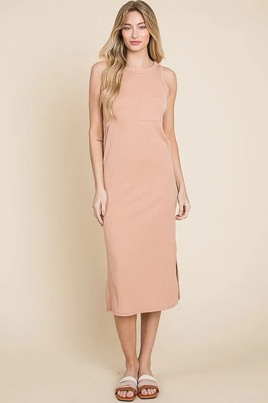 BOMBOM Ribbed Knit Sleeveless Midi Dress Apricot