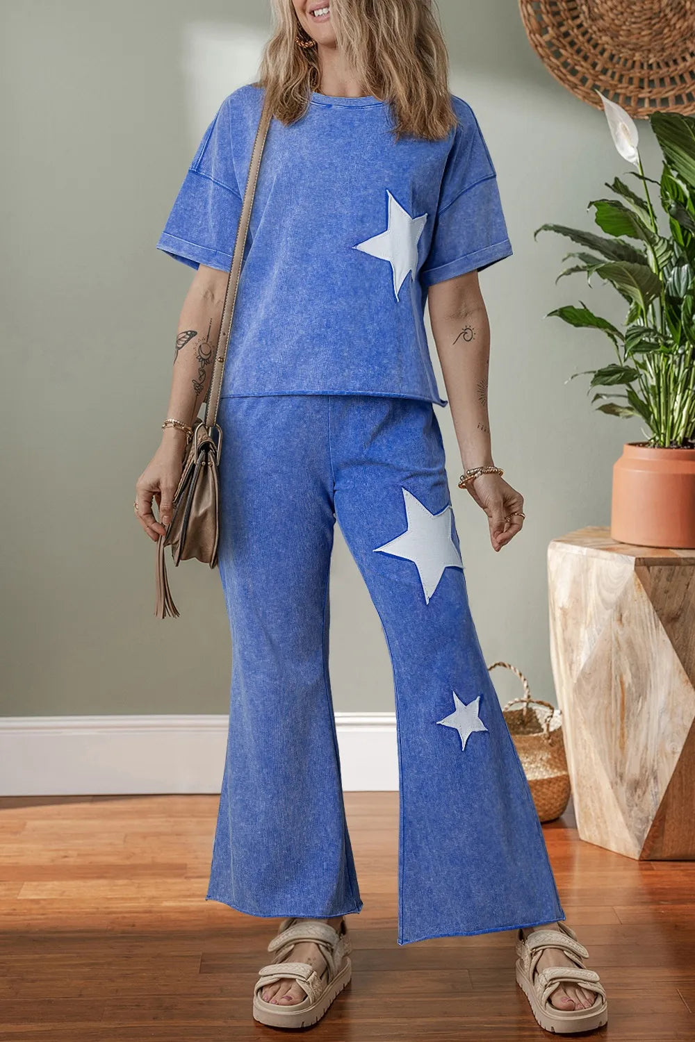 Acid Wash Star Patched Rolled Trim Top and Pants Set Dusty Blue