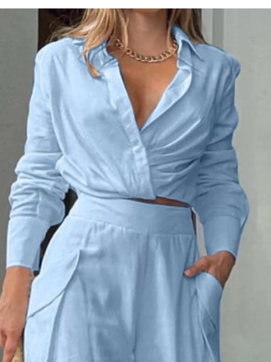 Long Sleeve Shirt and Wide Leg Pants Set