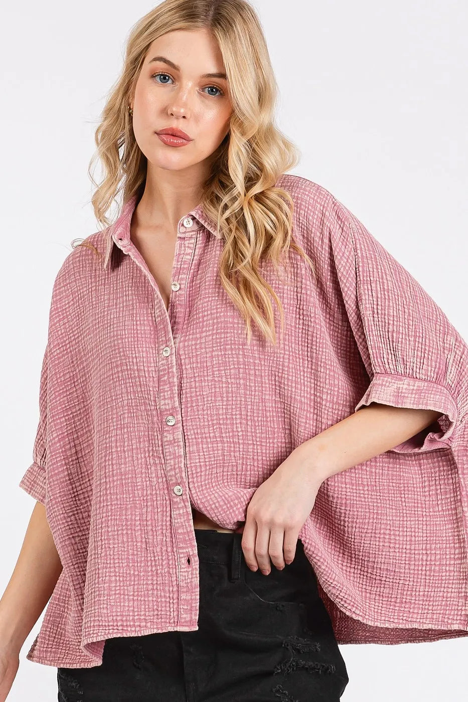 Mittoshop Mineral Wash Gauze Dolman Sleeve Button Down Shirt