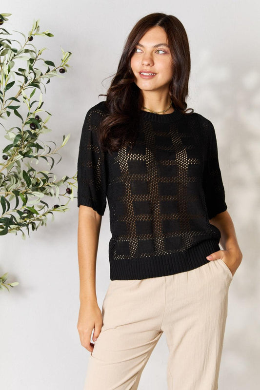 Ribbed Trim Round Neck Knit Top Black