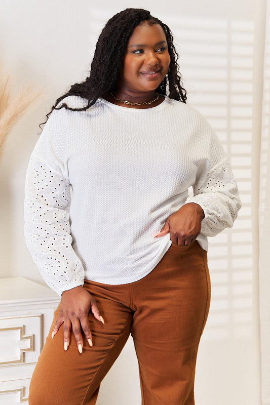 Shiny Eyelet Dropped Shoulder Round Neck Blouse White