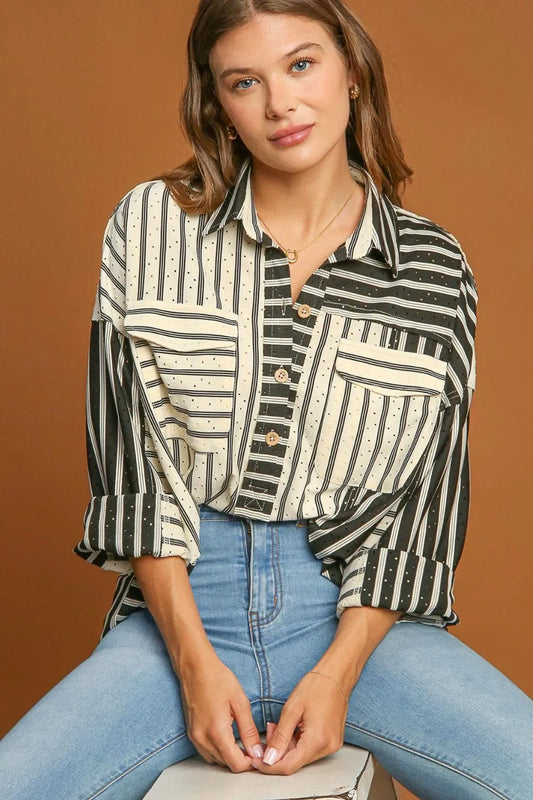 Umgee Full Size Pointelle Stripped Half Button Collared Neck Top Plus Size Black