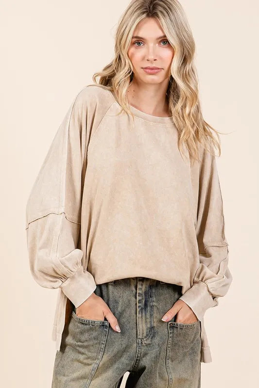 Mittoshop Mineral Wash Raglan Long Sleeve Oversized Top Tan