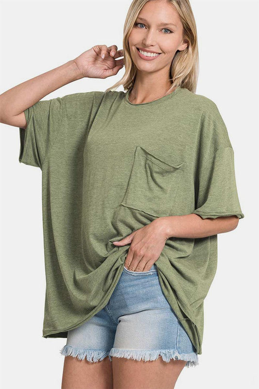 Zenana Drop Shoulder Oversized Front Pocket T-Shirt Olive