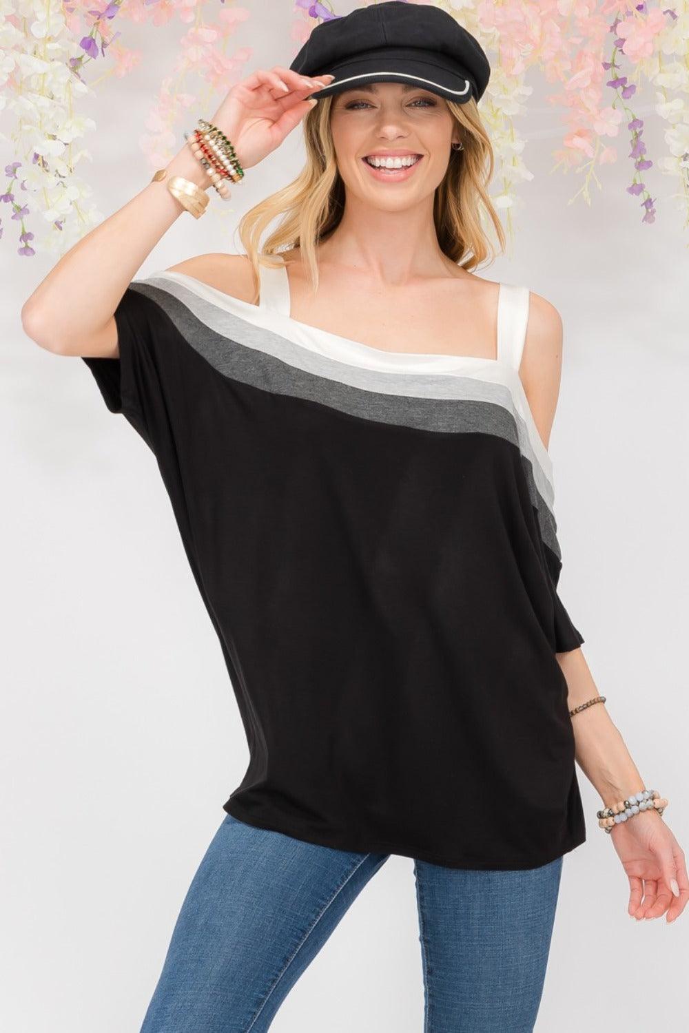 Celeste Full Size Striped Cold Shoulder Top Black Ivory