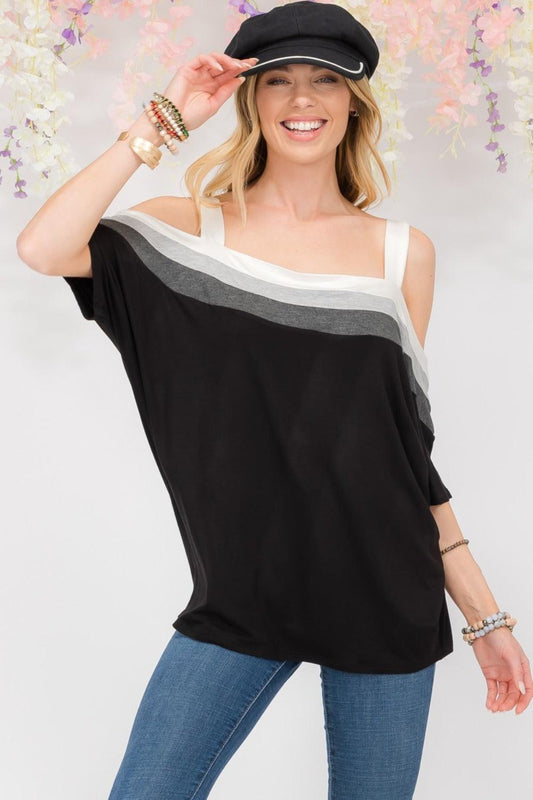 Celeste Full Size Striped Cold Shoulder Top Black Ivory