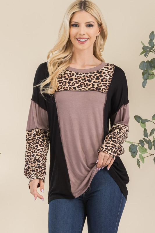 Celeste Full Size Leopard Color Block Exposed Seam T-Shirt Mocha Leopard