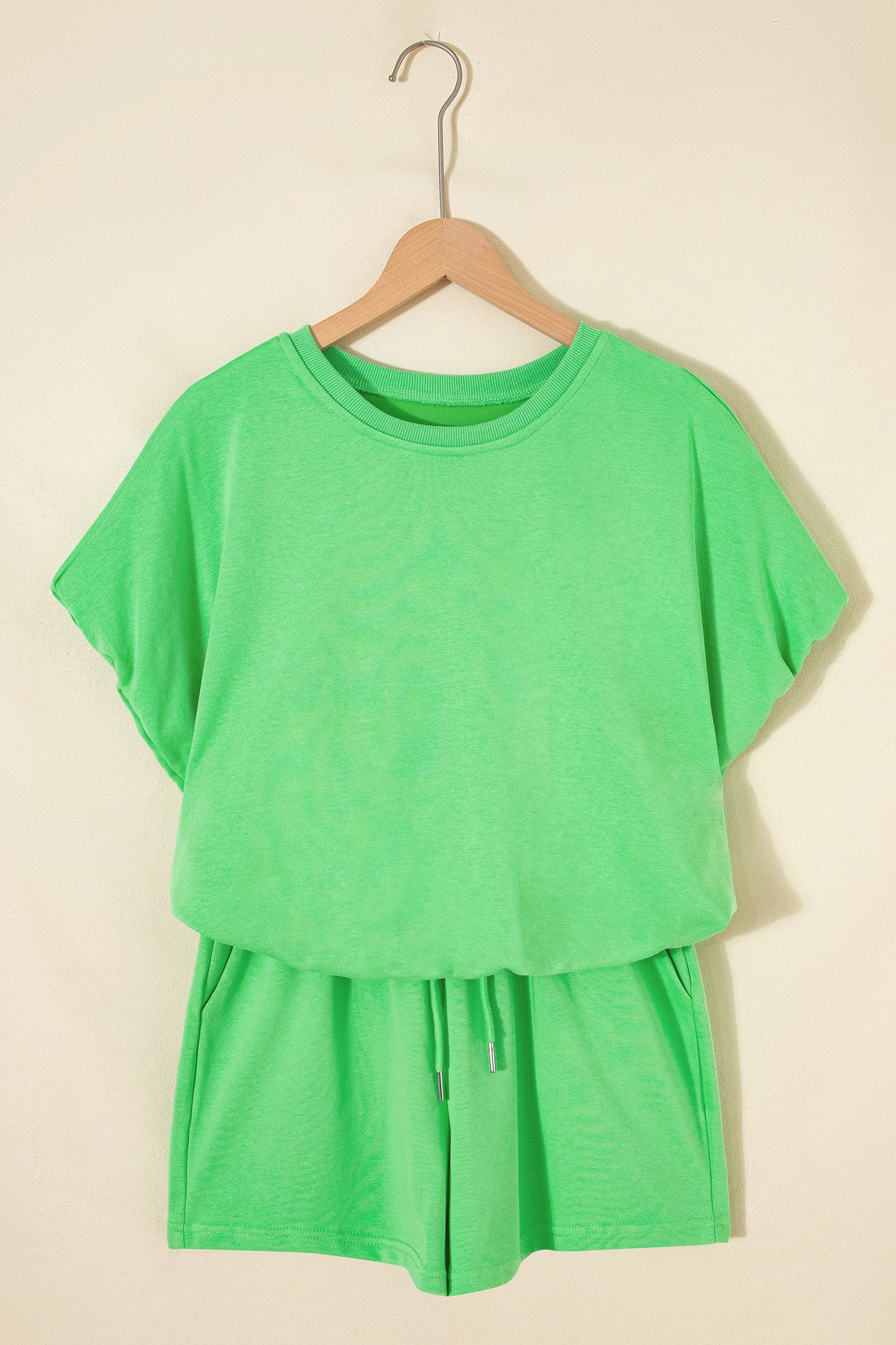 Solid Puffy Loose Top & Drawstring Shorts Set