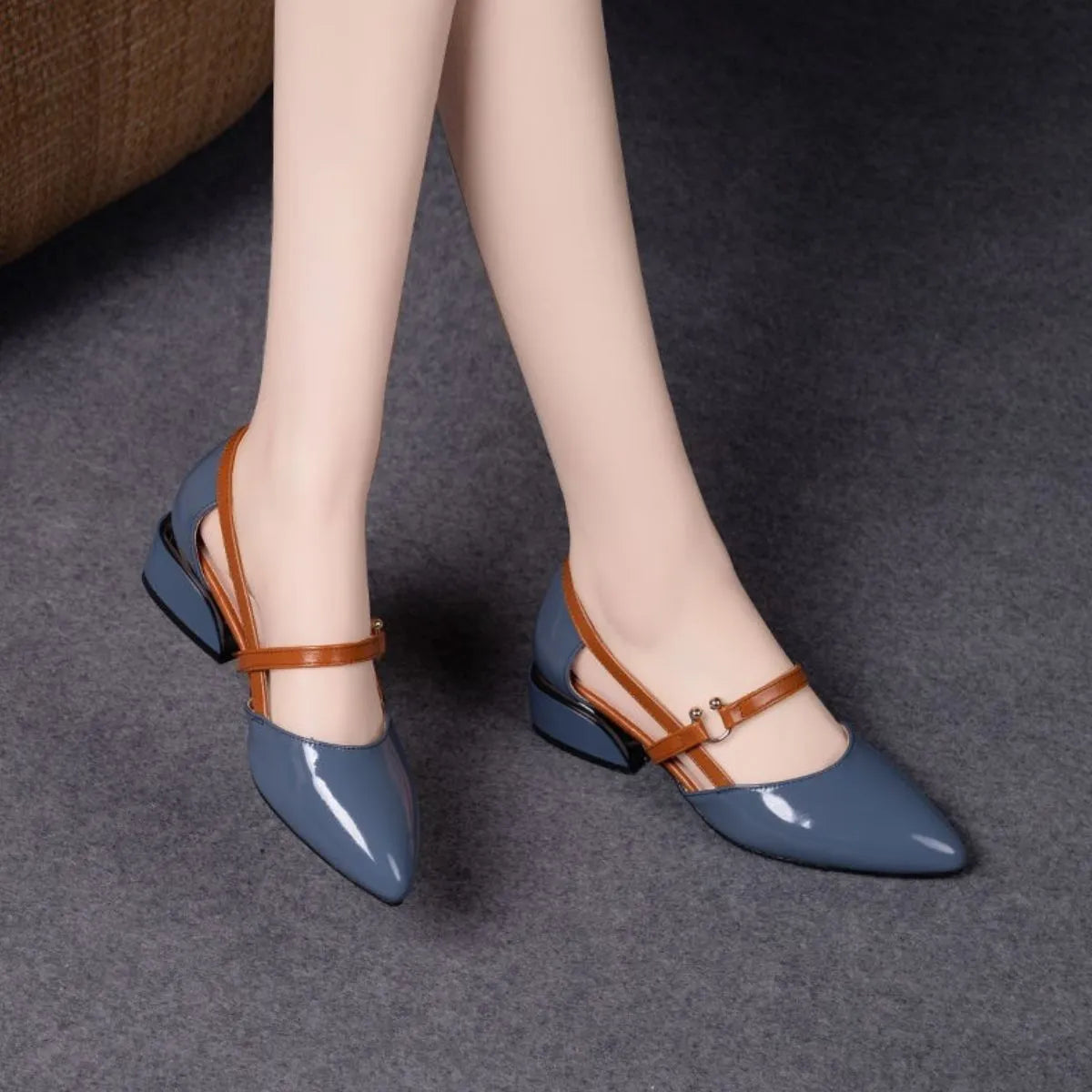 Point Toe Block Heels Pumps Dusty Blue