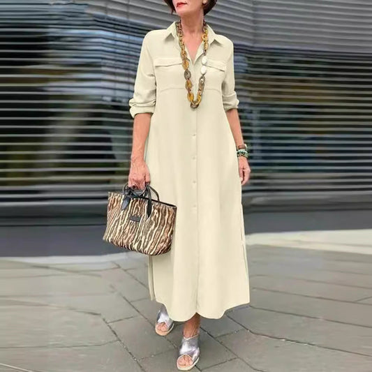 Elegant Solid Color Long Sleeve Button Lapel Dress