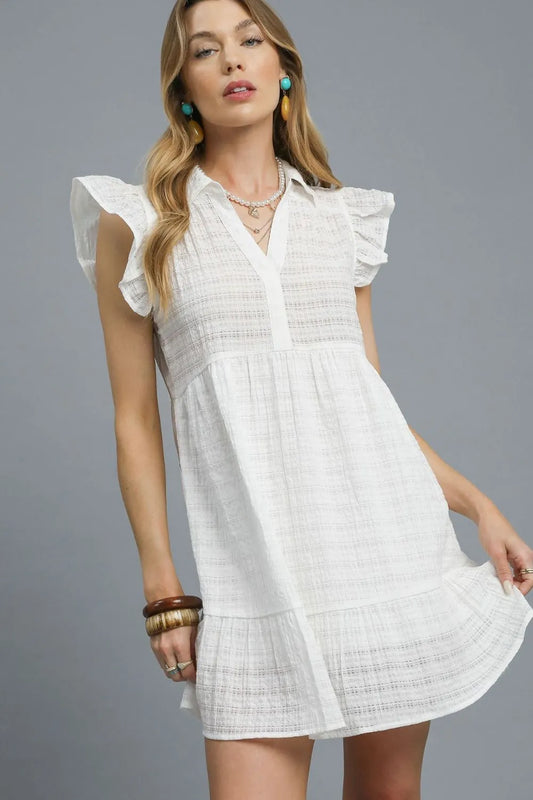 Umgee Ruffle Cap Sleeve Textured Mini Dress White