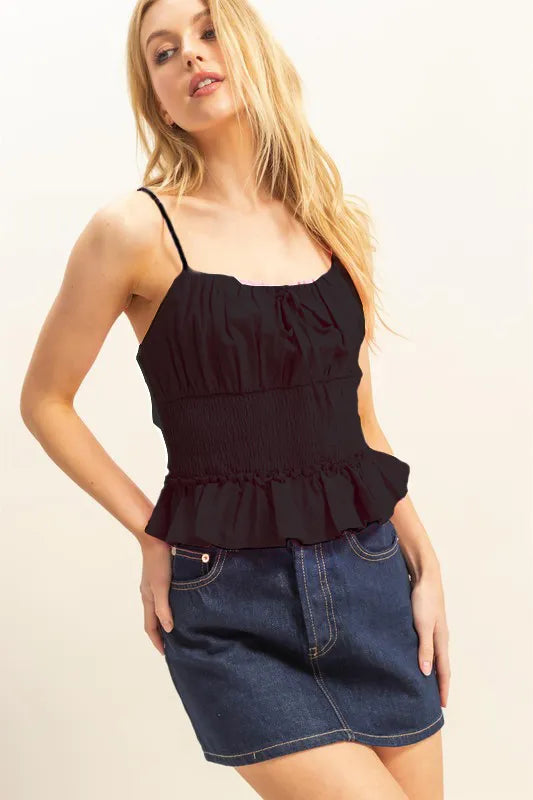 HYFVE Poplin Smocked Waist Summery Cami Top BLACK