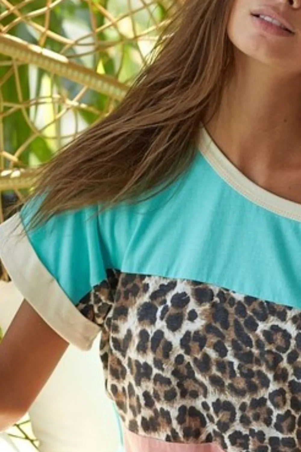 BiBi Leopard Printed Jersey Color Block Roll Up Top