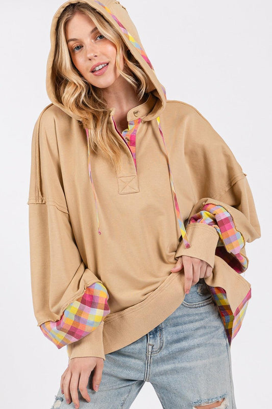 SAGE + FIG Full Size Plaid Print Washed Hoodie Croissant