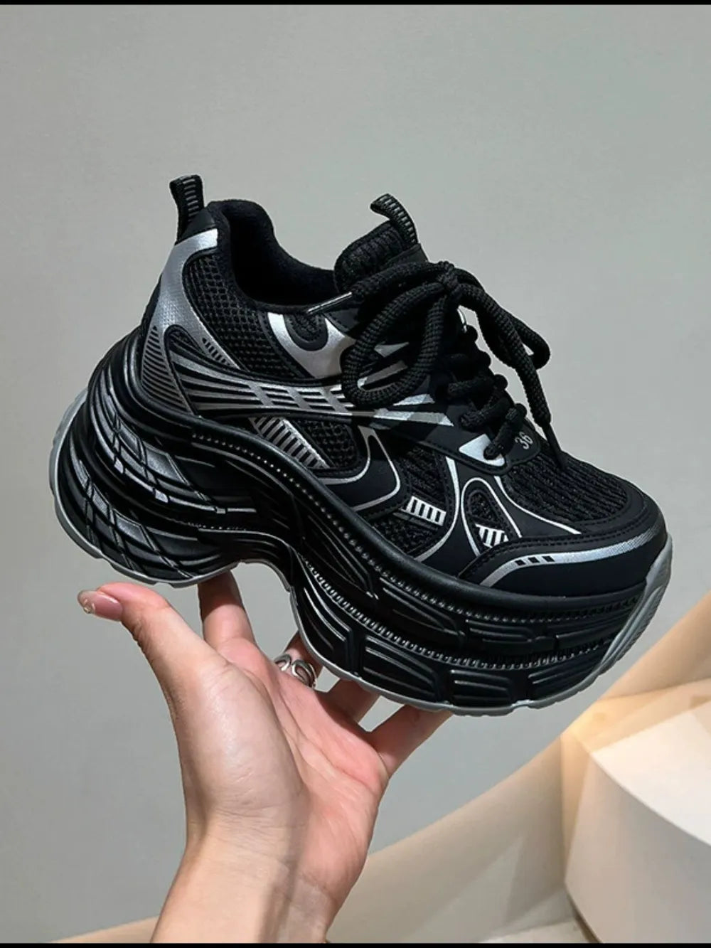 Lace Up Round Toe Platform Sneakers Black