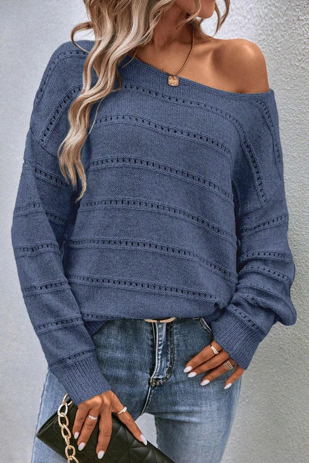 Boat Neck Dropped Shoulder Sweater French Blue