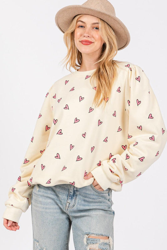 SAGE + FIG Heart Printed Contrast Long Sleeve Sweatshirt Cream