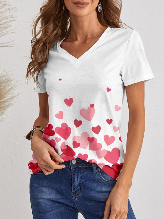 Heart V-Neck Short Sleeve T-Shirt White