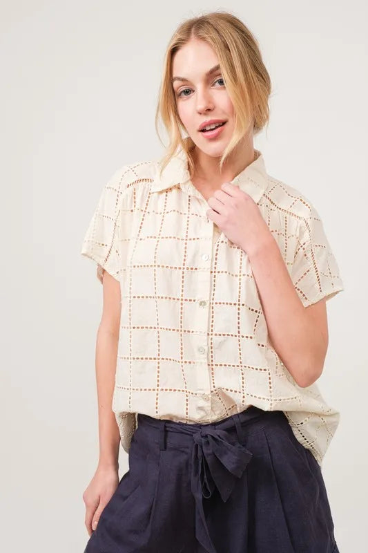 And The Why Eyelet Loose Button Down Shirt NATURAL