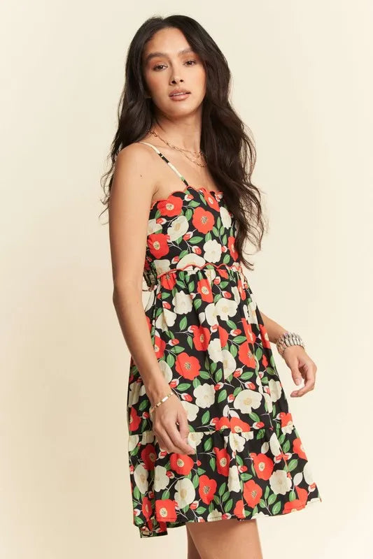 Davi & Dani Floral Scalloped Cutout Back Mini Dress
