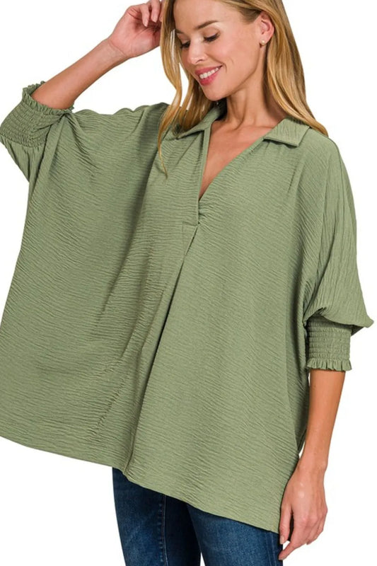 Zenana Airflow Collar Tee with Smocked Sleeve Band Top LT OLIVE