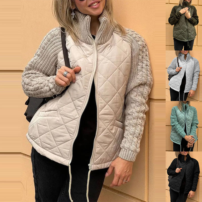 A woman models a quilted zip-front puffer vest with ribbed knit sleeves. The main vest is a light warm gray/cream tone, while the inset images on the right show the same vest in additional colors: dark green, light blue, mint green, and black.