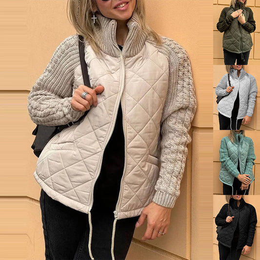 A woman models a quilted zip-front puffer vest with ribbed knit sleeves. The main vest is a light warm gray/cream tone, while the inset images on the right show the same vest in additional colors: dark green, light blue, mint green, and black.