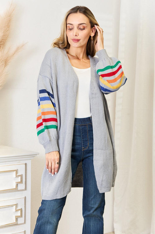 Multicolored Stripe Open Front Longline Cardigan Light Gray