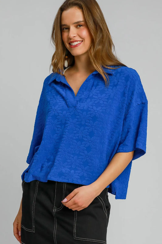 Umgee Floral Johnny Collar Half Sleeve Jacquard Top Royal Blue