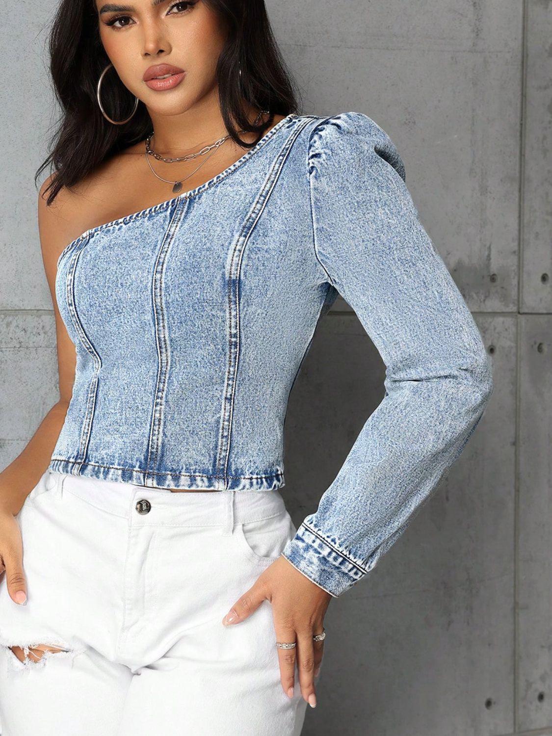 One Shoulder Long Sleeve Denim Top Light