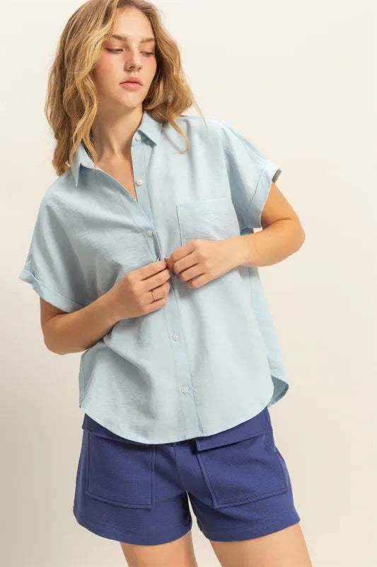 HYFVE Button Down Collared Neck Short Sleeve Shirt ICE BLUE