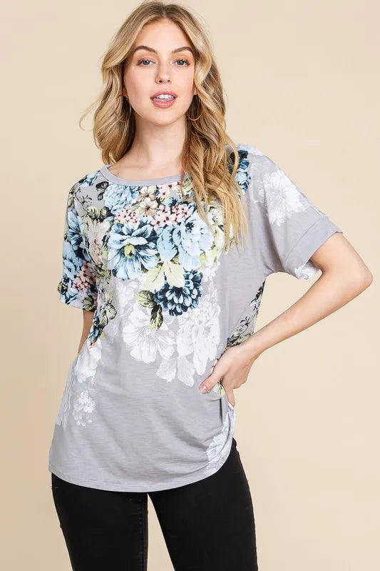 BOMBOM Floral Round Neck Short Sleeve T-Shirt Light Gray