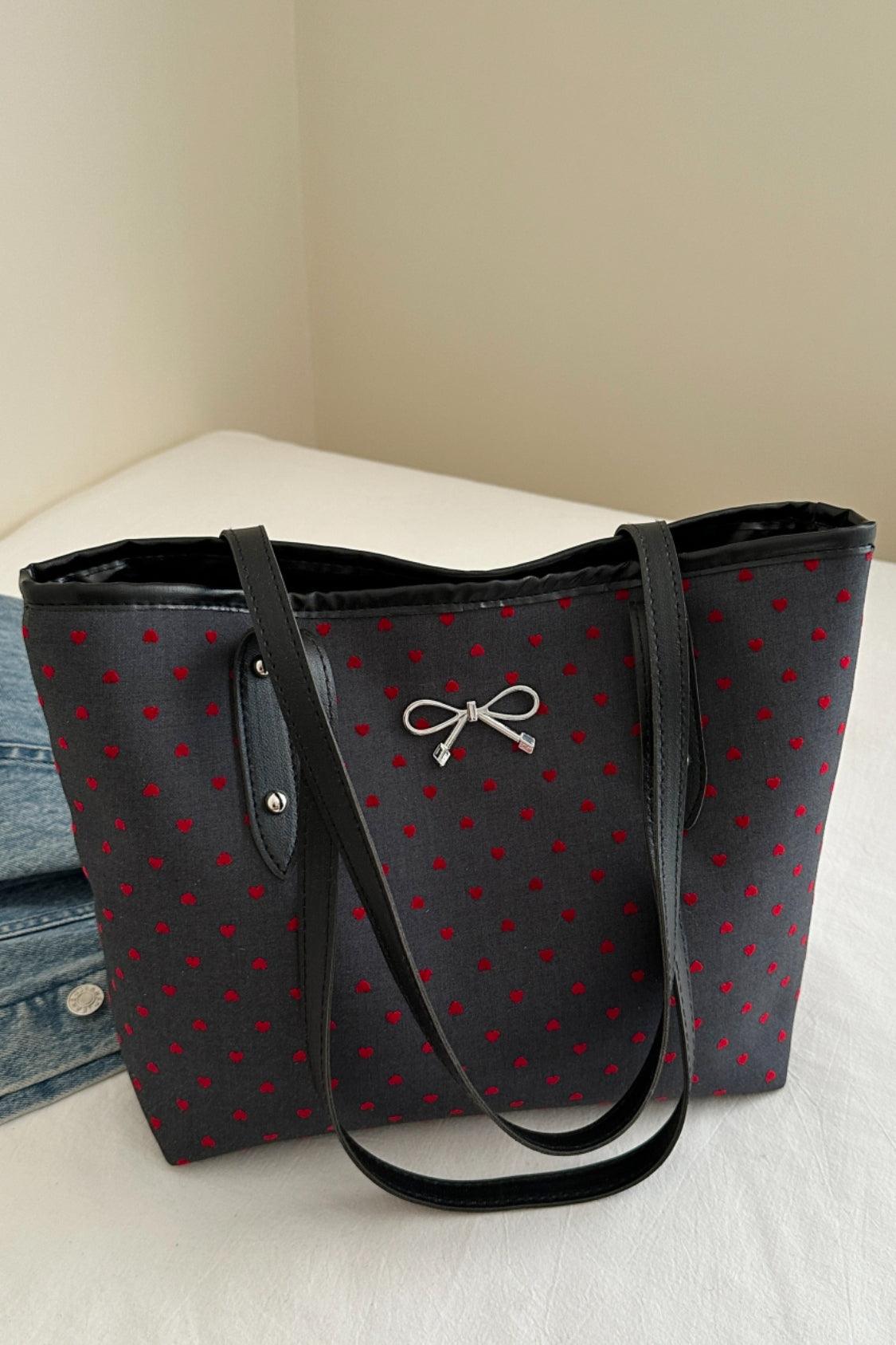 Bow Trim Polyester Tote Bag Heart One Size