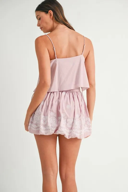 MABLE Embroidered Crop Cami and Balloon Mini Skirt Set