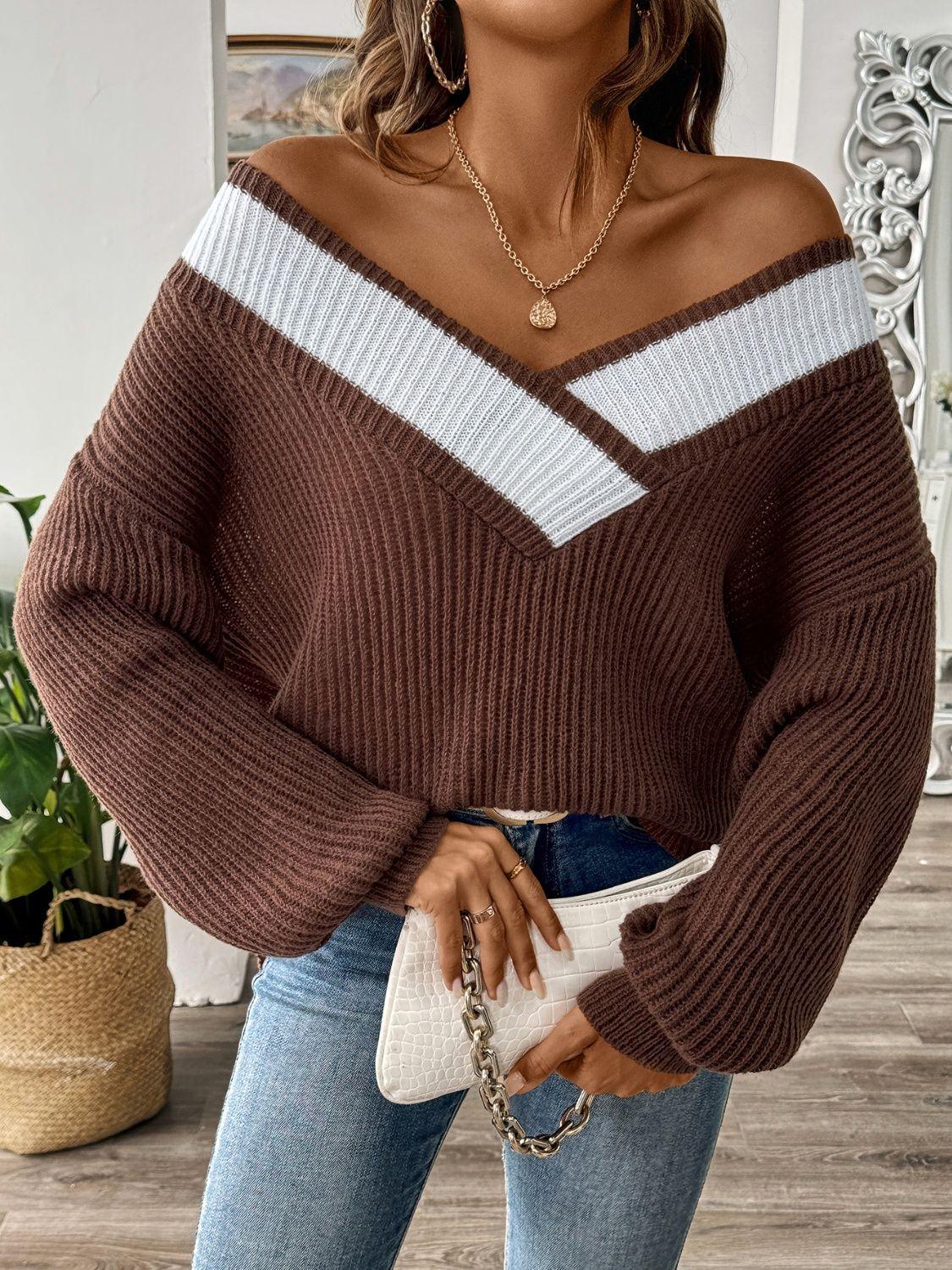 Contrast Dropped Shoulder Long Sleeve Sweater Chocolate